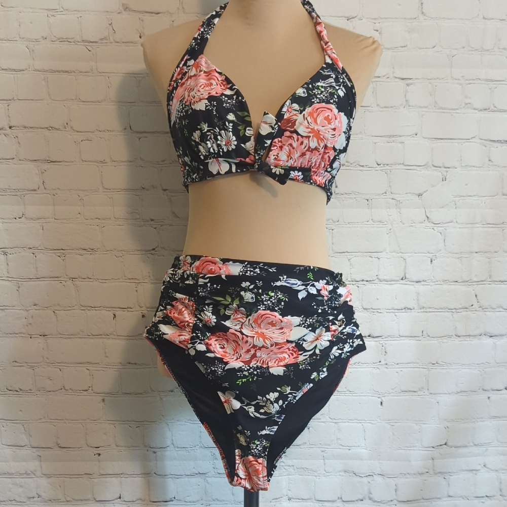 Black and Pink Floral High-Waisted Bikini